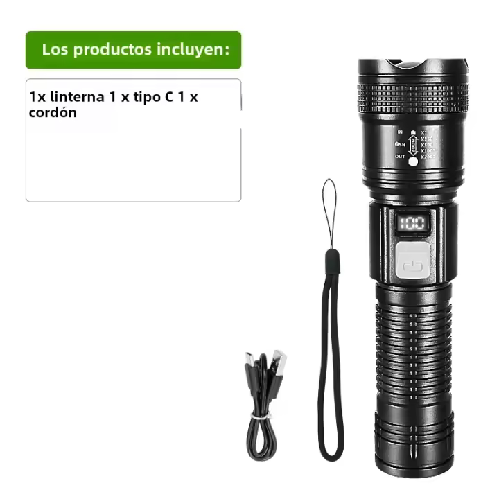 Linterna Táctica Recargable Tipo-C Con Zoom Alta Potencia LED Luz De Emergencia Impermeable Para Actividades Al Aire Libre Y Auto Defensa - 1