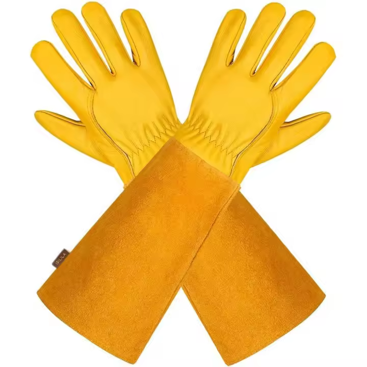 Guantes de jardinería de cuero transpurgable para hambres y mujeres con guante a prueba de Espinas, manga Larga de Cuero de Vaca para jardinero y agricultor, Amarillo L - 1