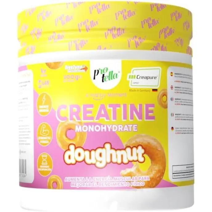 Creatina Creapure Doughnut 300g – Protella Creapure - Mejora resistencia - Alta Pureza - Rápida recuperación - Mejora rendimiento - Gran Absorción - Alto en proteína- Sin aceite de palma - Sin azúcar añadido - Sabor Delicioso donut - 1