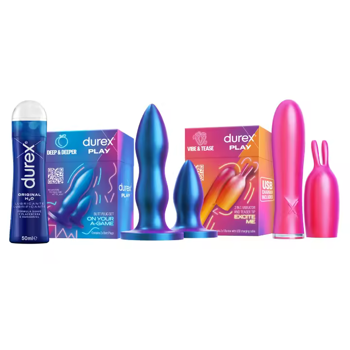 Durex Pack - Set de Plugs Anales DEEP & DEEPER, 2 tamaños distintos +  Conejito Vibrador 2 en 1 VIBE & TEASE con punta estimuladora + Gel lubricante Original h2o 50ml - 1