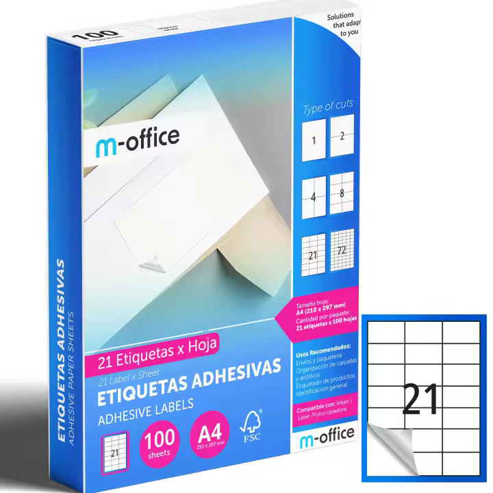 M-office Etiquetas Adhesivas A4 compatible con Label Printer, Pegatinas Blancas Adhesivas para Uso Diario, Papel Adhesivo para Imprimir, Pegatinas para Escribir (21 por hoja, 100h) - 1