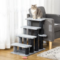 PawHut Escaleras para Gatos de 4 Escalones Escaleras para Mascotas Árbol Rascador para Gatos Pequeño con Poste Rascador Bola Colgante 60x40x64 cm Gris - details 1