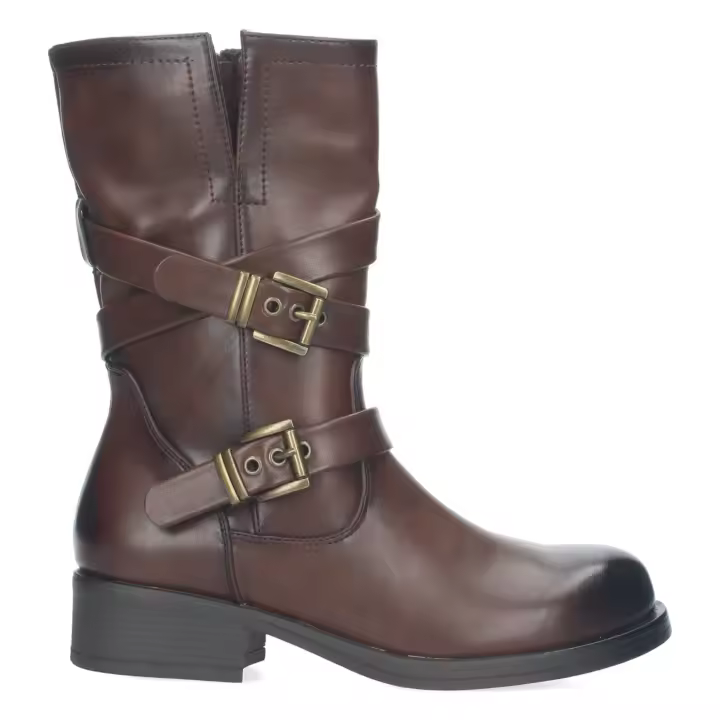 PuntoSalao Bota estilo motero tacón bajo hebillas mujer color marrón H69561-5 - 1
