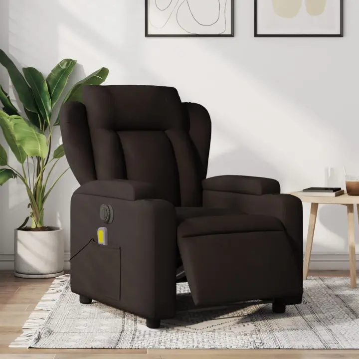 vidaXL Sillón reclinable de masaje eléctrico tela marrón oscuro - 1