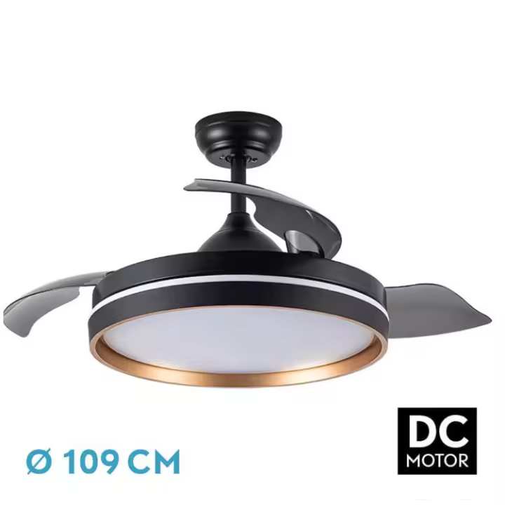 FABRILAMP Ventilador Dc Nalon 72w Negro/oro 3aspas 109d 7200l 6vel 3000k,4500k,6000k Remoto+memoria+temporizador Incluye mando a distancia y dos tijas de 10 y 25 centímetro Productos originales calidad de confianza - 1