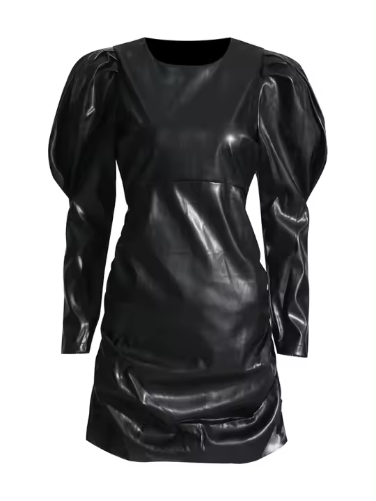 Vestido Minimalista TWOTWINSTYLE Para Mujer Cuello Redondo Manga Flotante Cintura Alta Pullover PU Cuero Elegante Casual Vestido - 1