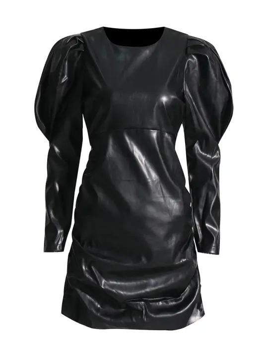 Vestido Minimalista TWOTWINSTYLE Para Mujer Cuello Redondo Manga Flotante Cintura Alta Pullover PU Cuero Elegante Casual Vestido - 1