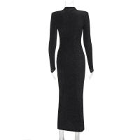 Vestido Largo Elegante De Mujer Otoño 2025 Cuello Redondo Brillo Seda Manga Larga Slim Wrap Abertura En La Cadera Estilo Básico - details 5