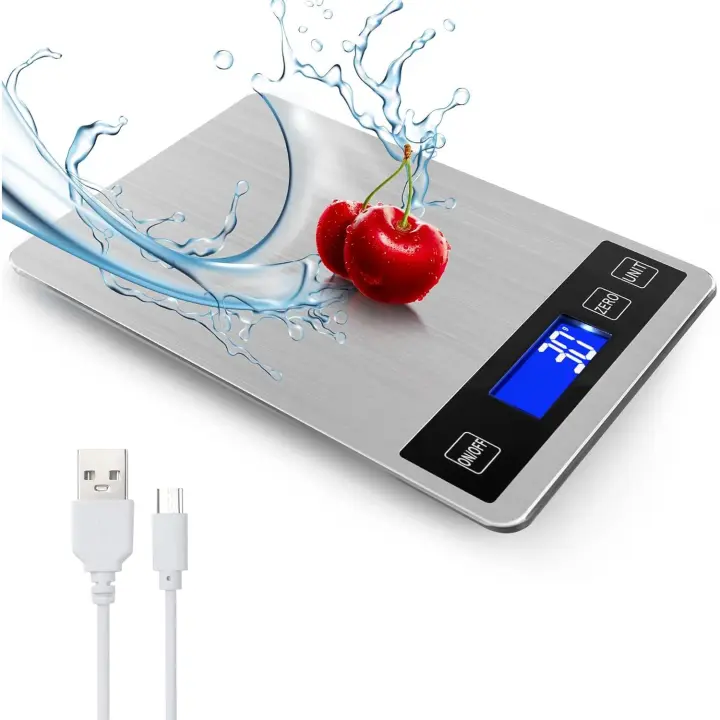 33 lb Digital de Escala de la Cocina,1 g/0.05 oz alta precisión,USB recargable y resistente al agua,pantalla LCD,pantalla,plataforma de acero inoxidable,peso de grabación para cocinar,hornear y la preparación de la comida (color plata) - 1