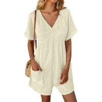 Monos De Verano Casuales Para Mujer Con Hombros Descubiertos Y Mangas Cortas Ruched Estilo Romper De Piernas Largas Con Bolsillos De Poliéster - details 8
