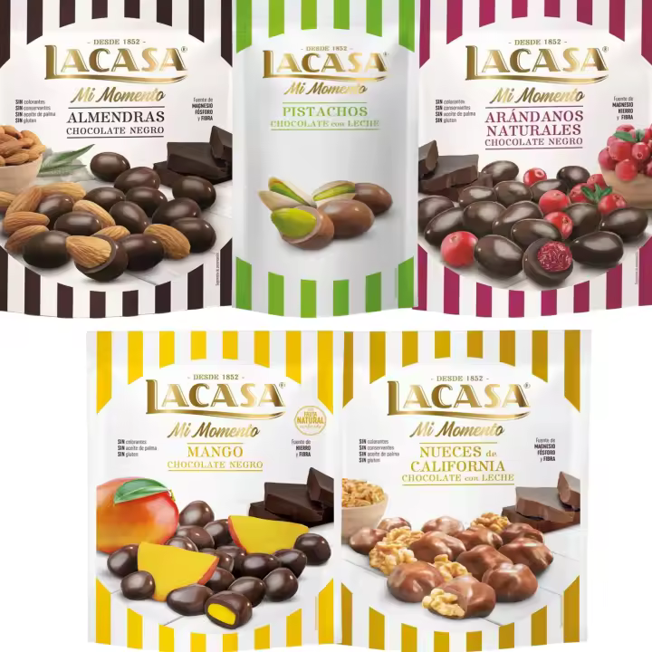 Lacasa Mi Momento pack de 5:Pistacho Leche 50G,Arándano choco Negro 125G,Nueces Leche 115G,Almendra choco Negro 125G,Mango choco Negro 115G - 1