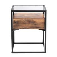 Mesa auxiliar con cristal templado, cajón y repisa, rústica, mesita de noche, marco de hierro estable, decoración para salón y habitación - details 1