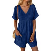 Monos De Verano Casuales Para Mujer Con Hombros Descubiertos Y Mangas Cortas Ruched Estilo Romper De Piernas Largas Con Bolsillos De Poliéster - details 4
