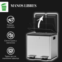 HOMCOM Cubo de Basura de Cocina Papelera de Cocina de Acero Inoxidable con Pedales Tapas de Cierre Suave y Cubo Extraíble para Reciclaje Residuos Restos de Comida Plata - details 1