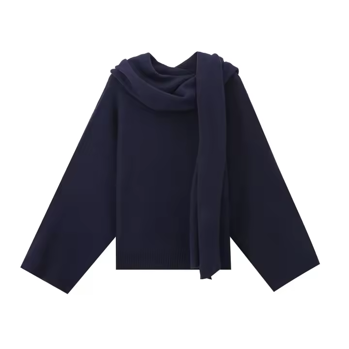Suéter De Lana Mezclada Con Estola Estilo Perezoso Versátil Para Mujer Moda Otoño E Invierno Suéter De Punto Suelto Cuello Redondo Sin Cierre - 1
