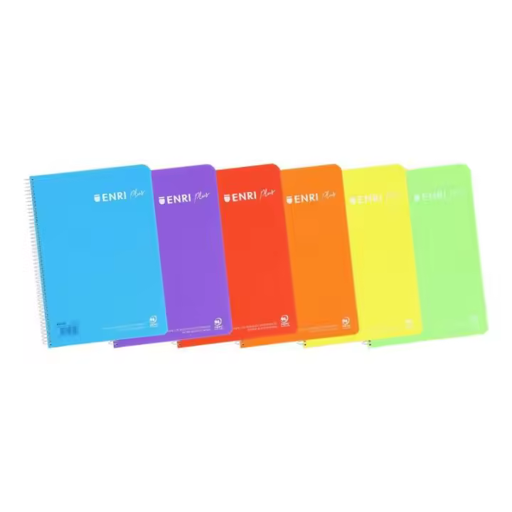 Paquete 5 cuadernos tapa plástico Enri Plus A4 folio cuadricula 4x4 con margen 80 - hojas de papel de 90 gramos - colores vivos surtidos: azul, lila, rojo, naranja, amarillo y verde - Referencia del fabricante 400133583 - 1