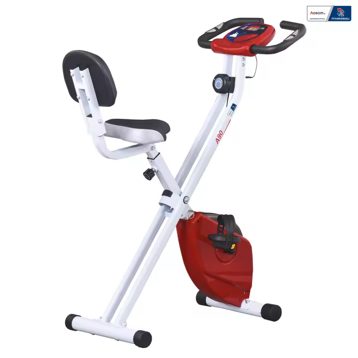 HOMCOM Bicicleta estática plegable - Colaboración Aosom.fr x FFHandball - 8 niveles de resistencia magnética con respaldo ajustable Pantalla LCD multifunción Sensor de frecuencia cardíaca - 1