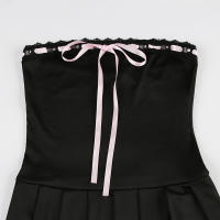 Vestido A-Line Sin Tirantes De Moda Coreana Con Lazo Y Contraste Para Mujeres Estilo Dulce Kawaii Corto De Cintura Empírica - details 1