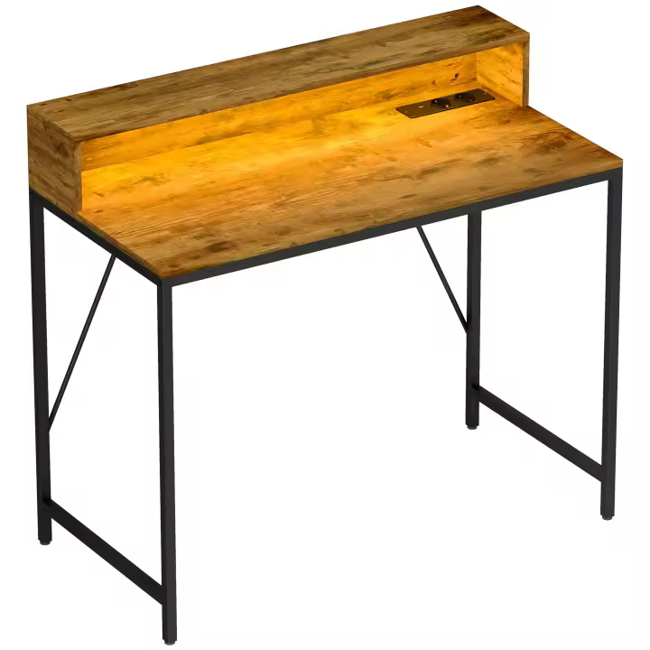 HOMCOM Escritorio Industrial Mesa Escritorio con Luces LED Tomas de Corriente Soporte para Monitor y Control Remoto Mesa de Ordenador para Oficina Estudio 100x50x90,5 cm Marrón Rústico - 1