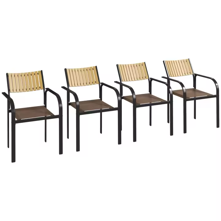 Outsunny Juego de 4 Sillas de Jardín Exterior Sillas Terraza Exterior Apilables Sillón de Comedor con Tela Transpirable Marco de Acero Reposabrazos y Respaldo 58x65x85 cm Marrón - 1