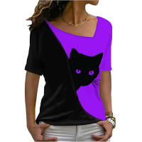 Blusa De Verano Para Mujer Estilo Nuevo Con Cuello Inclinado Y Estampado De Gato Negro Manga Corta Camiseta Casual De Polyester Y Spandex - details 7