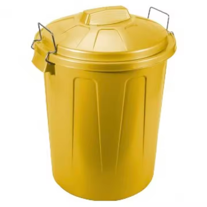 Tradineur - Cubo de basura de plástico resistente con tapa y asas metálicas, contenedor de residuos, papelera, reciclaje, industrial, fabricado en España (Amarillo, 70 litros) - 1