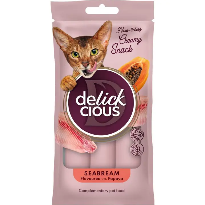 DELICKCIOUS - Snack cremoso-sabor a dorada con papaya. Alimento complementario para gatos. PACK 6 bolsas de 60g o Pack 12 bolsas de 60g - 1