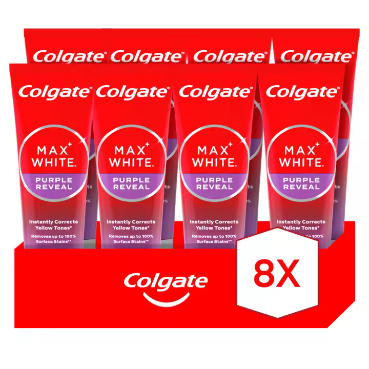 Pasta de dientes blanqueadora Colgate Max White Purple Reveal, dientes blancos 75ml Pack de 8 - 1