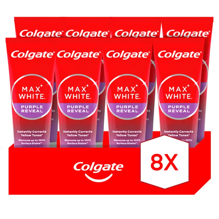 Pasta de dientes blanqueadora Colgate Max White Purple Reveal, dientes blancos 75ml Pack de 8 - 1