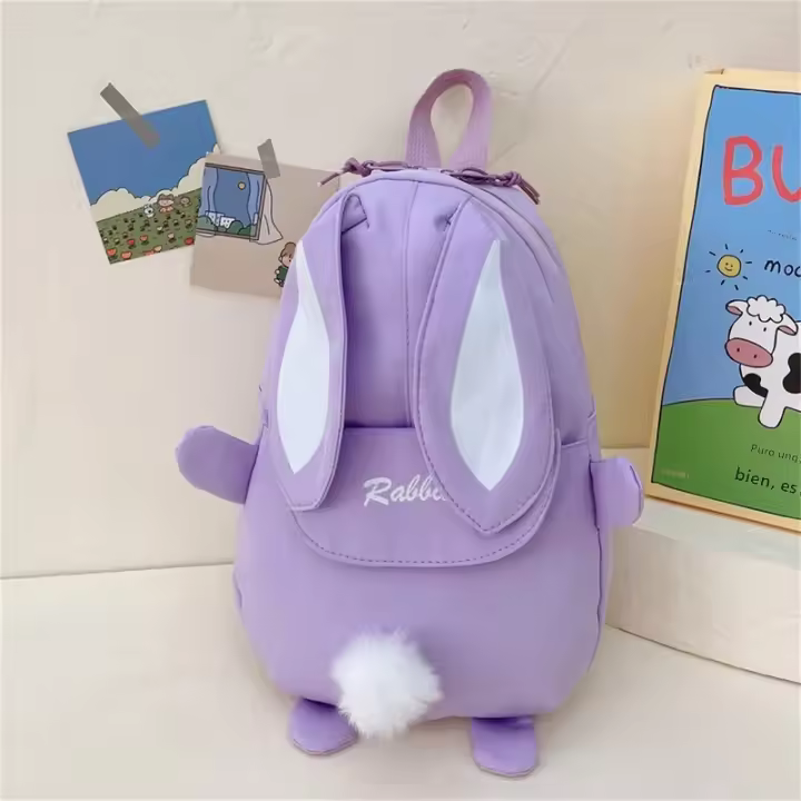 Mochila Personalizada Kawaii Con Orejas De Conejo Y Colgante De Oso Peluche Para Niñas Escolar Con Cierre De Cremallera Material Nylon Y Poliéster - 1
