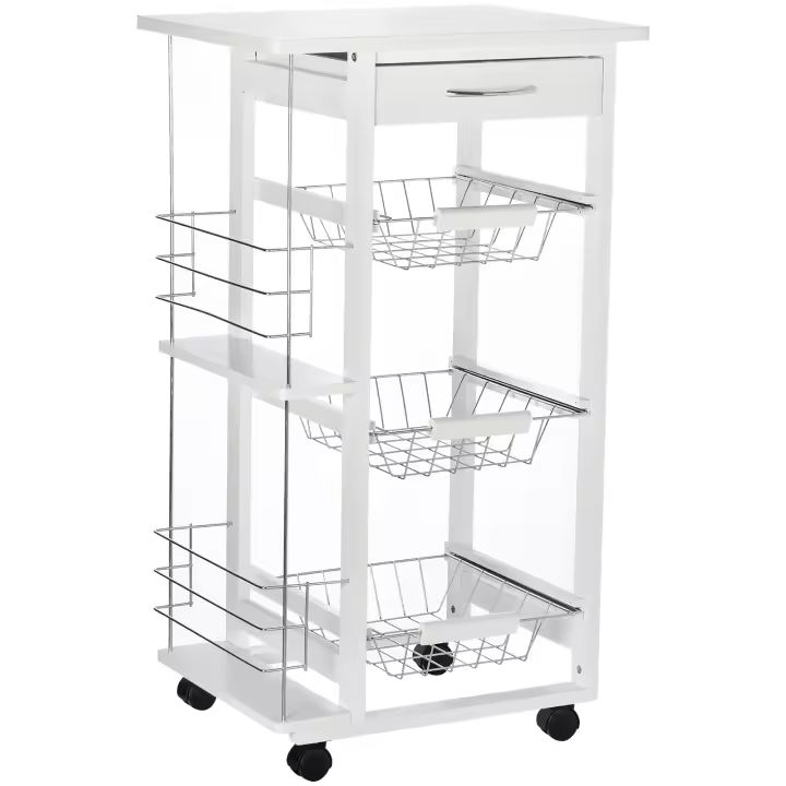 HOMCOM Carro de servicio carro de cocina con ruedas multialmacenamiento 3 cestas metálicas cajón + 2 portabotellas madera pino gris - 1