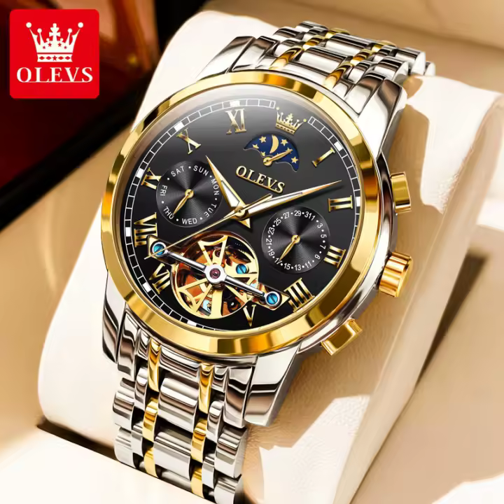 Reloj De Pulsera Automático Para Hombre OLEVS 6617 Lujo Esqueleto Hueco Flywheel Calendario Resistente Al Agua Fase Lunar Acero Inoxidable Romano - 1