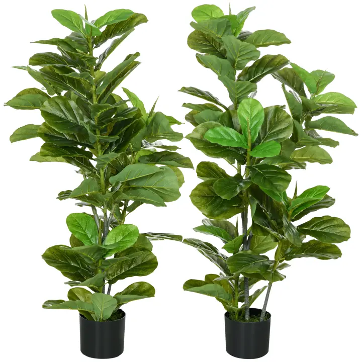 HOMCOM Conjunto de 2 Plantas Artificiales Decorativas 110x15 cm Árboles Artificiales de Ficus con 90 Hojas y Macetas para Interior Decoración para Sala de Estar Oficina Verde - 1