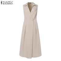 Vestido Midi Elegante ZANZEA Para Mujer Verano Cuello En V Cintura Ajustada Plisado A-Line Vestidos Sólidos Sin Mangas - details 9
