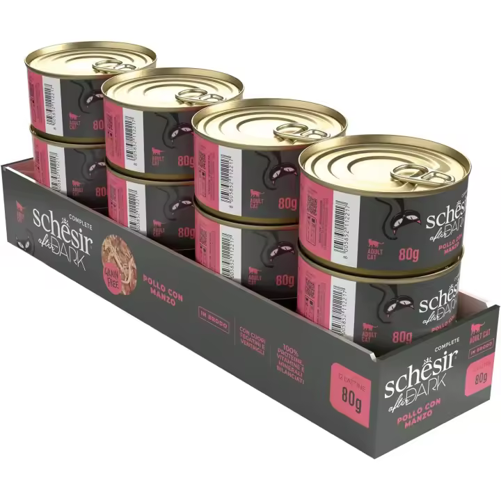 Schesir After Dark - Pollo con ternera en caldo Alimento húmedo Completo para Gatos Adultos (latas 12 x 80 g) - 1