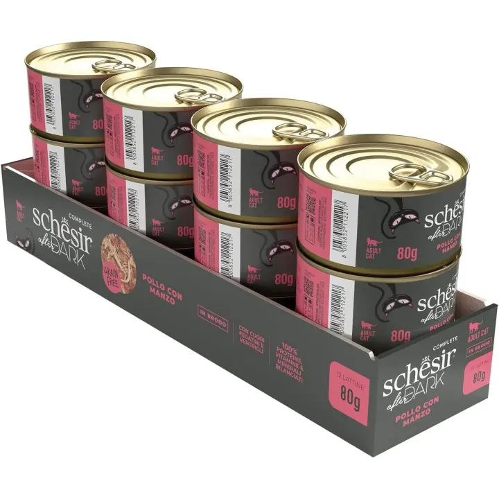 Schesir After Dark - Pollo con ternera en caldo Alimento húmedo Completo para Gatos Adultos (latas 12 x 80 g) - 1