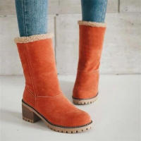 Botas De Mujer De Terciopelo Cómodo Y Caliente Con Tacón Cuadrado Y Punta Redonda Color Sólido Moda Invierno Botines De Tacón Bajo - details 7