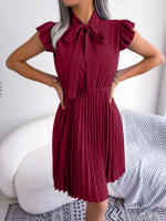 Vestido Elegante De Mujer Con Cintura Alta Y Volantes Para Primavera Y Verano Estilo Casual Collar Con Lazo Cuello Alto Y Mangas Batwing - details 9