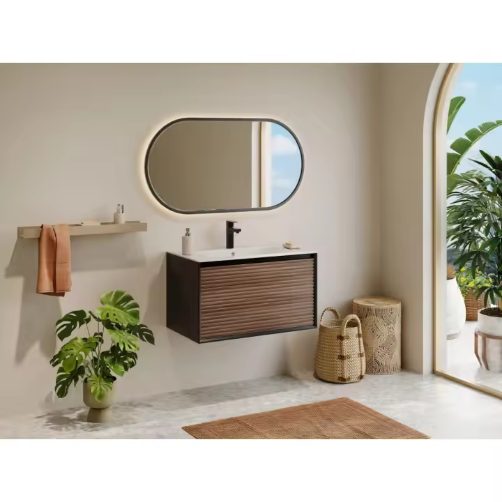 Vente-unique - Mueble de baño flotante con lavabo encastrado - Color natural oscuro y negro - 80 cm - BANIVA - 1