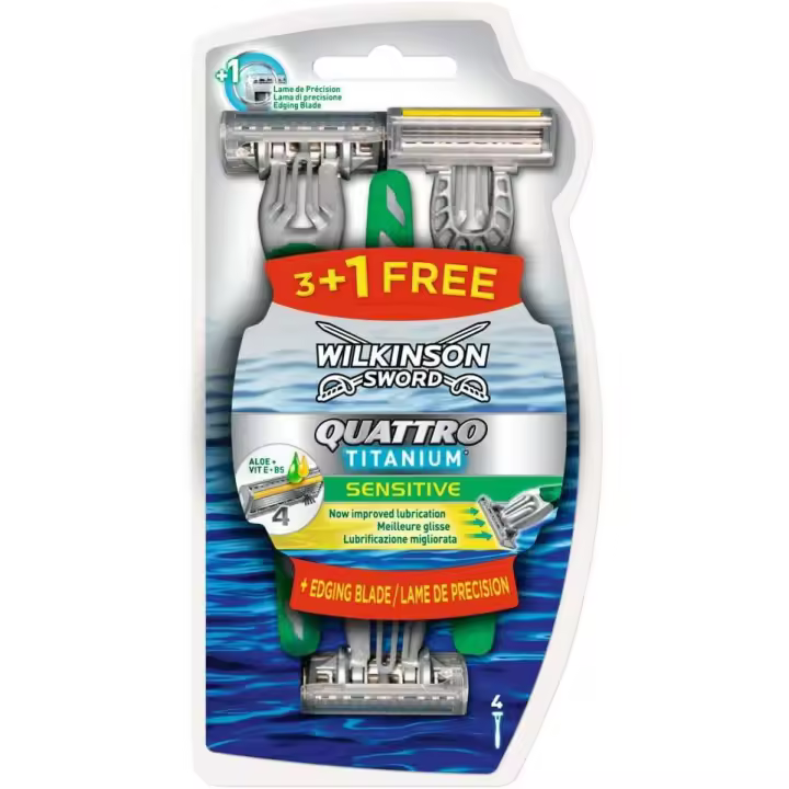 Wilkinson Sword Quattro Titanium Maquinilla Afeitar Desechables Sensitive 4U: Afeitado suave y preciso para pieles sensibles con estas maquinillas desechables de alta calidad. - 1