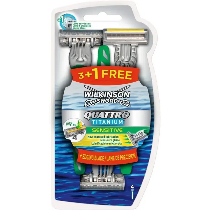 Wilkinson Sword Quattro Titanium Maquinilla Afeitar Desechables Sensitive 4U: Afeitado suave y preciso para pieles sensibles con estas maquinillas desechables de alta calidad. - 1