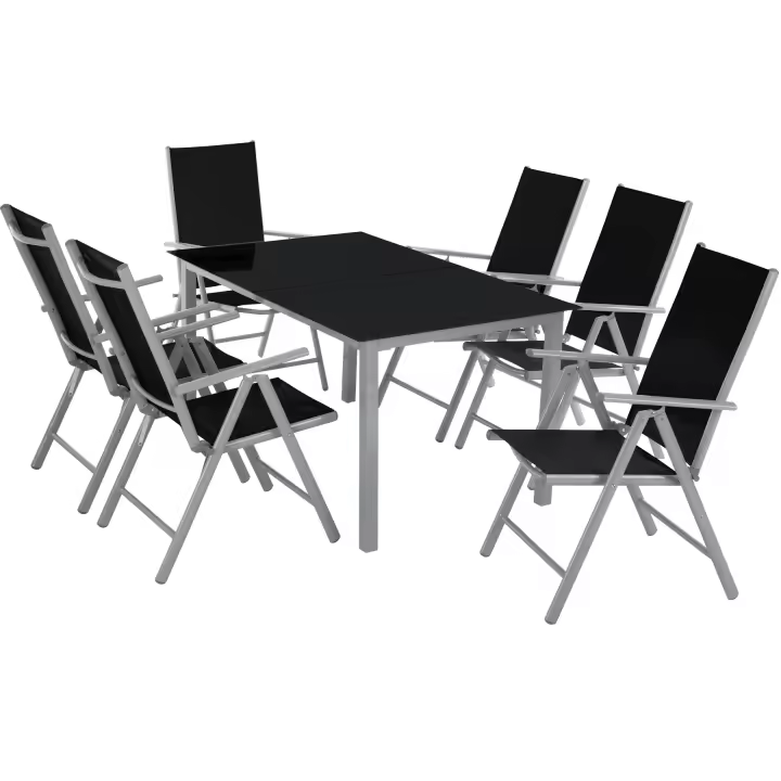 Tectake - Conjunto de sillas de aluminio 6+1  Estructura de mesa y sillas de aluminio de acero revestido en polvo  Tablero de mesa robusto de vidrio de seguridad  Sillas plegables, compactas y muy cómodas - 1