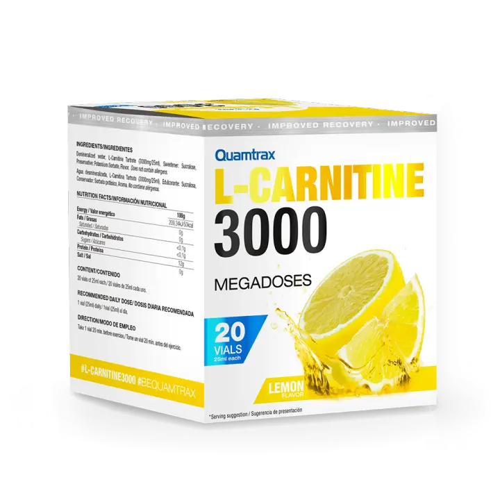 Quamtrax - L-carnitine 3000 - 20 viales  *SABOR MANZANA* - La L-carnitina es necesaria para el correcto metabolismo de las grasas, al ayudar a usarlas como fuente de energía. - 1