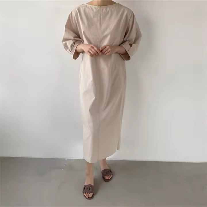 Vestido De Lino REALEFT Para Mujer Verano 2024 Minimalista Retro De Cuello Redondo Manga Media Casual Vestido Recto Hasta La Rodilla - 1