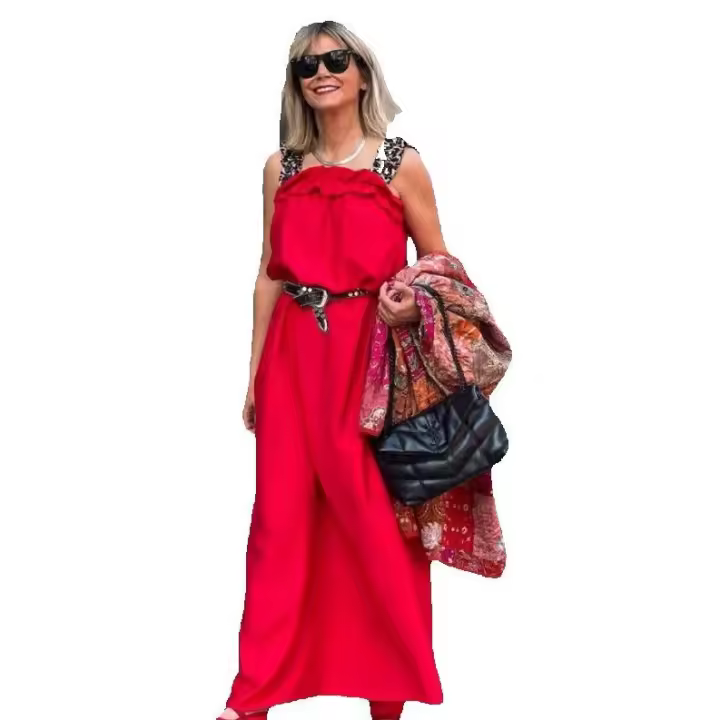 Vestido Largo Liso,con Tirantes Anchos de Leopardo Rizados. Ideal Para Tallas 42-44-46-48 Fashion-24 - 1