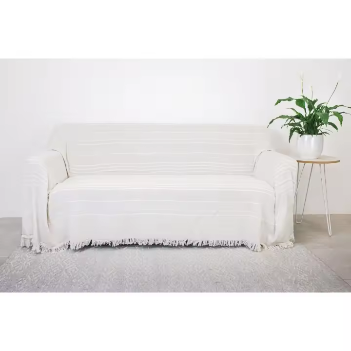 Colcha multiuso 85% algodón reciclado 15% poliéster diseño rayas beige liso. - 1