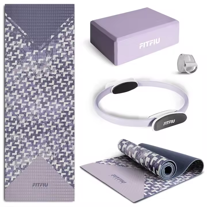 FITFIU Fitness KITWELL-400 - Pack de 4 Accesorios Yoga Pilates Color Lila Que Incluye Esterilla, Bloque, aro y Correa - 1