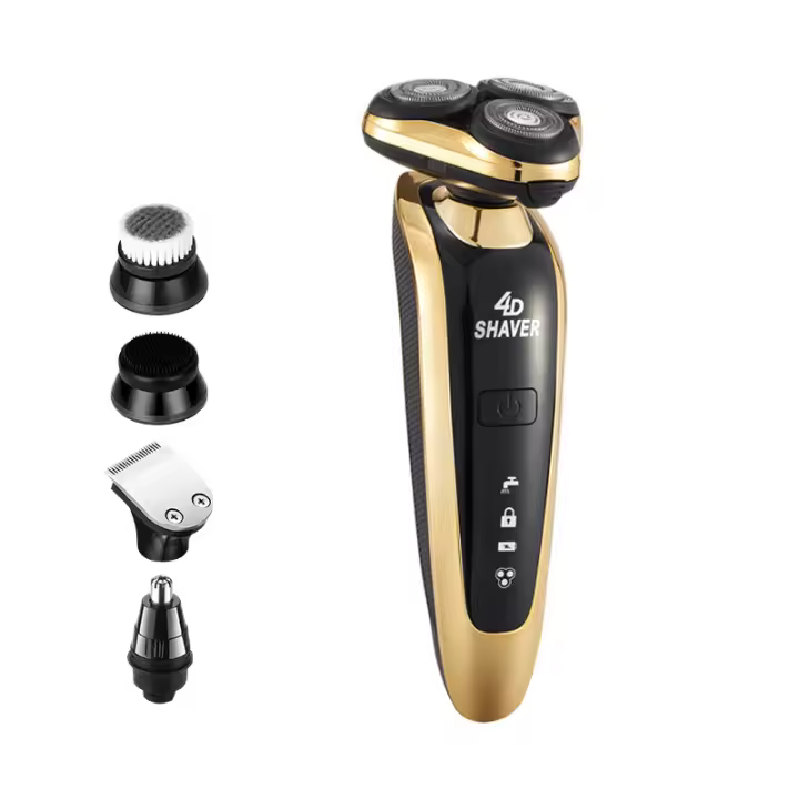 Maquinilla de afeitar eléctrica para hombres, resistente al agua IPX7, 4 en 1, afeitadora rotativa, recortadora de barba, nariz y bigote, cepillo de limpieza facial，oro - 1