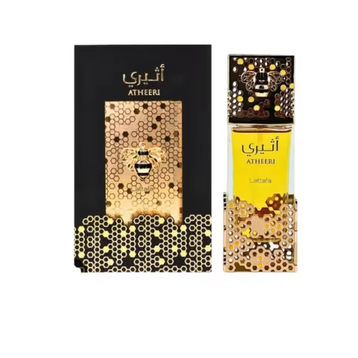 Lattafa Atheri Eau de Parfum 100ml para Mujer Perfume con Diseño de Panal y Abeja Dorada Notas de Frutas Cítricas y Flores Blancas - 1