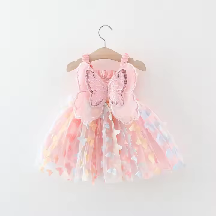 Vestido De Verano Para Niñas Con Impresión De Mariposa Arcoíris Y Alas De Mariposa Sin Mangas Falda De Terciopelo Vestido De Niña Estilizado De Manga Corta - 1